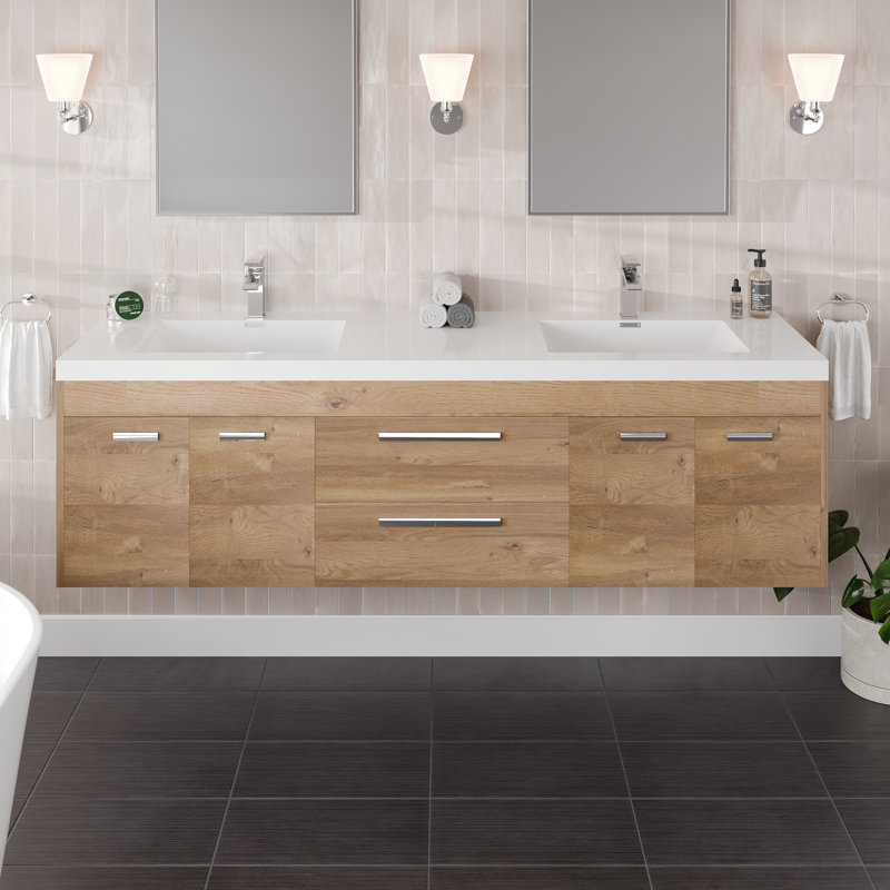 Wauconda 72"W X 20"D Wall Mount Double Sink Bathroom Vanity With White Acrylic Countertop And Integrated Sinks, Natural Oak