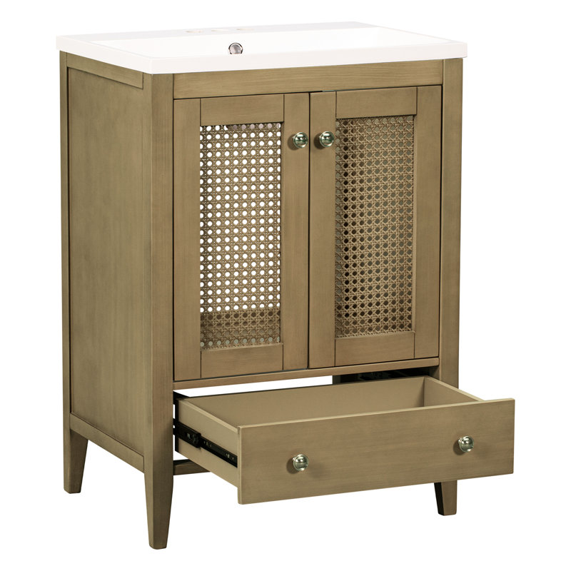 Meuble-lavabo de 24 po avec lavabo en céramique, meuble-lavabo, structure naturelle, rangement abondant, meuble-lavabo simple à installation manuelle, lavabo, support de porte solide,