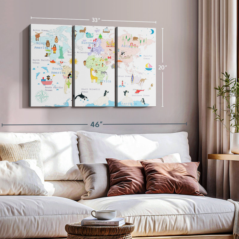 «World Map Continents» sur toile, H 20 po x l 33 po x P 1,25 po