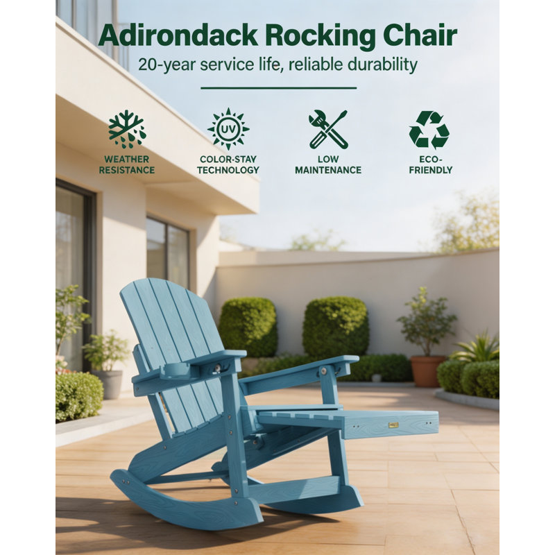 2-Pack Outdoor Adirondack Chair with Footrest, 5-Position Adjustable Backrest and Retractable Ottoman, High-Back Patio Rocking Chair, Heavy-Duty HIPS Material with Wood-Grain Finish, 400 lbs Weight Capacity, Blue