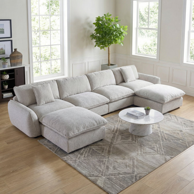 172"W Oversized 6 Piece U Shape Down Modular Cloud Sectional Sofa with Movable Ottomans & Wider Deeper Seat