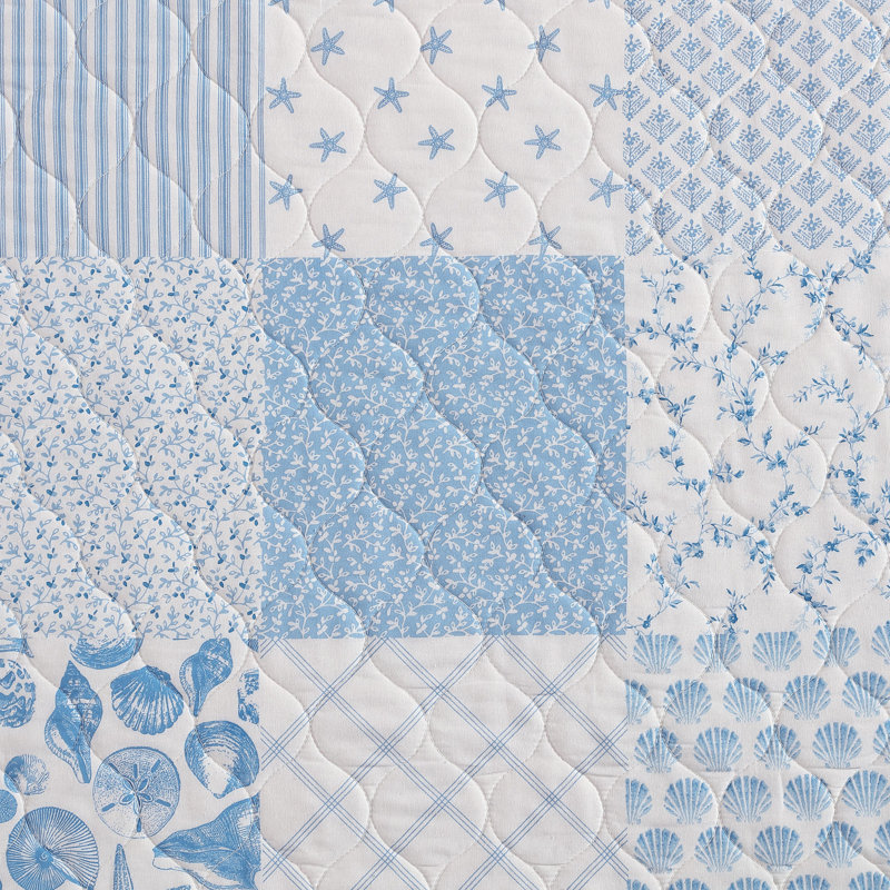 Laura Ashley Colleens Coastal Patchwork Cotton Blue Quilt Set, Queen Quilt + 2 Standard Shams