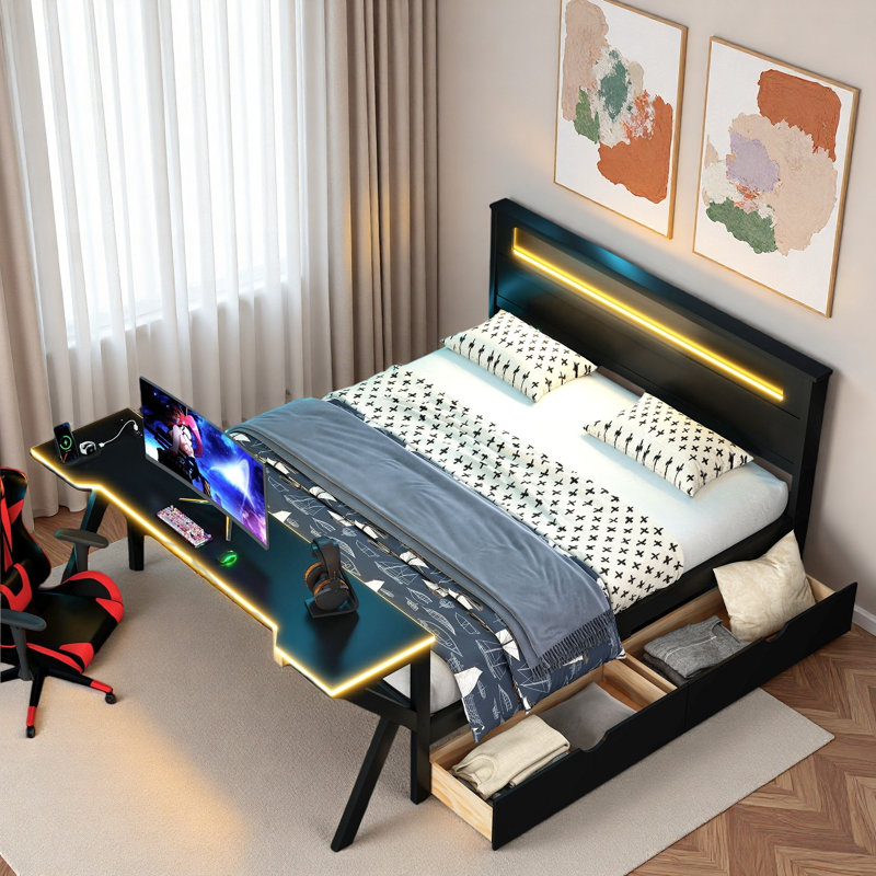 Lit plateforme en bois avec tête de lit, bureau à DEL, station de charge et 2 tiroirs de rangement, Double