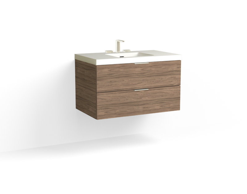 Avila 36" W Wall Mounted Single Bathroom Vanity, Glossy White/8" Widespread, Nocino, Satin Nickel