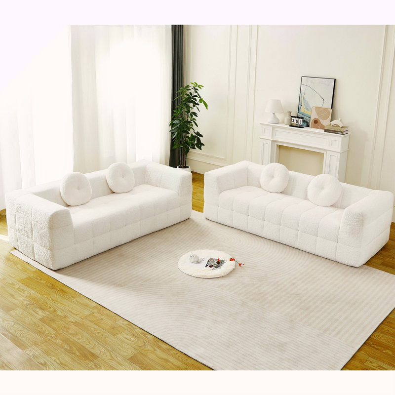 Canapé moderne sans os avec deux coussins décoratifs circulaires, tissu en polyester à poils longs texturé litchi doux pour la peau, canapé en mousse à carreaux