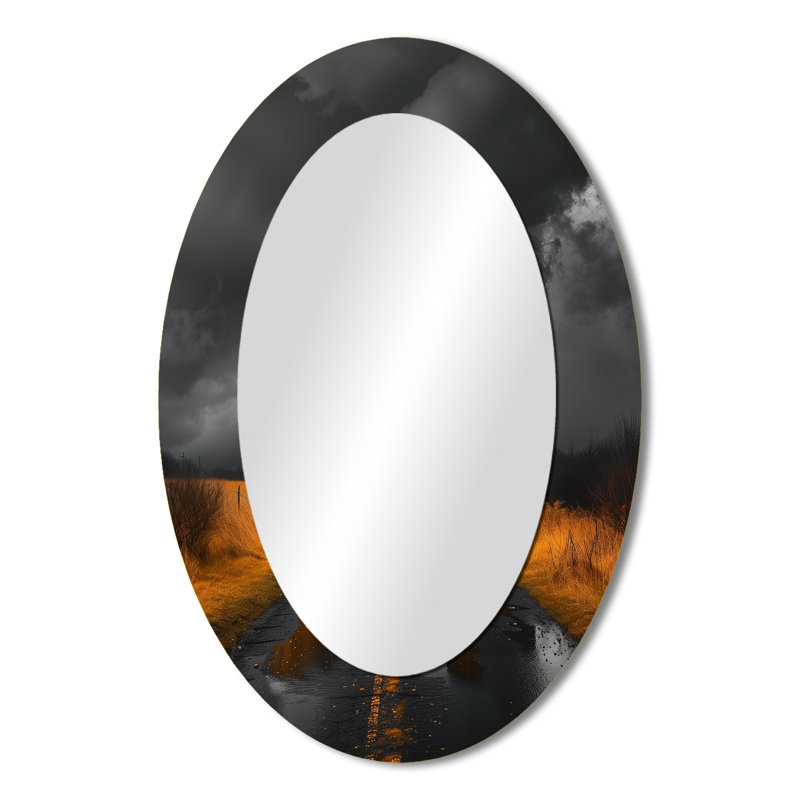 Grey And Yellow Monochrome Power Plant Photo III - Large Oval Wall Mirror On Metal, 36" x 24"