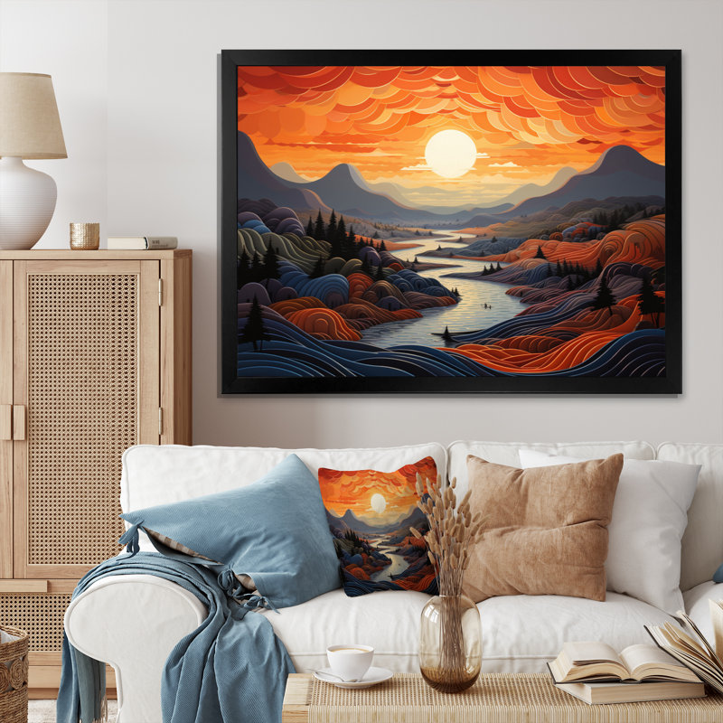 «Teal Bold Rhythmic Illusion Landscape I», reproduction sur toile, H 16 po x l 32 po x P 1 po, Cadre photo noir