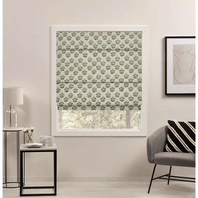  Handmade Green 100% Blackout Floral Block Print Thick Linen Roman Shade for Window or Doors, Corded Blinds for Kitchen, Home Decor Fabric for Privacy, Room Darkening, Chuimui