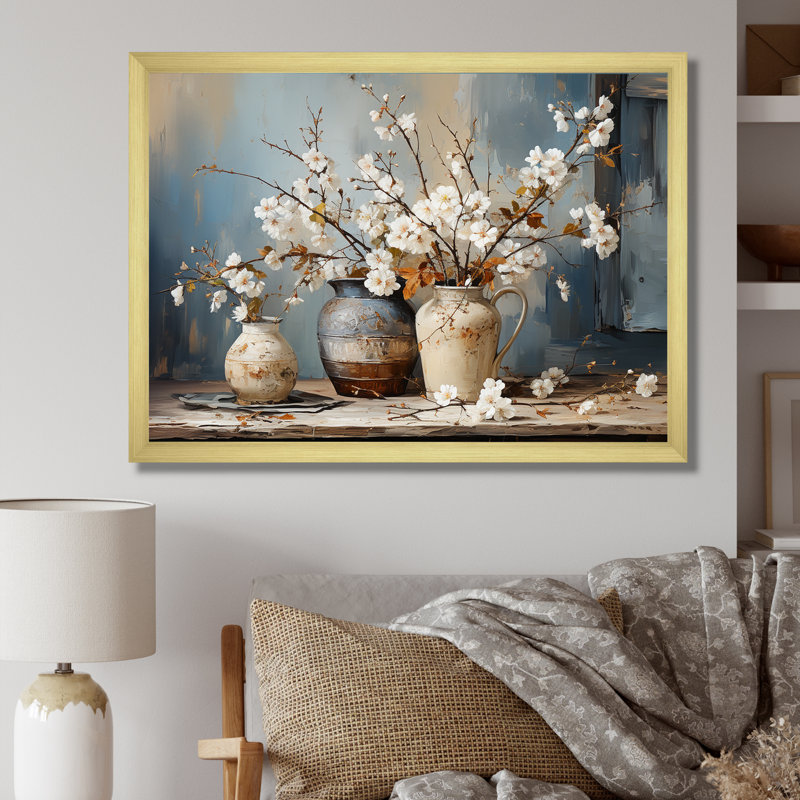 Art mural de poterie et de fleurs nature morte I, H 12 po x l 20 po, Cadre simple noir, Doré