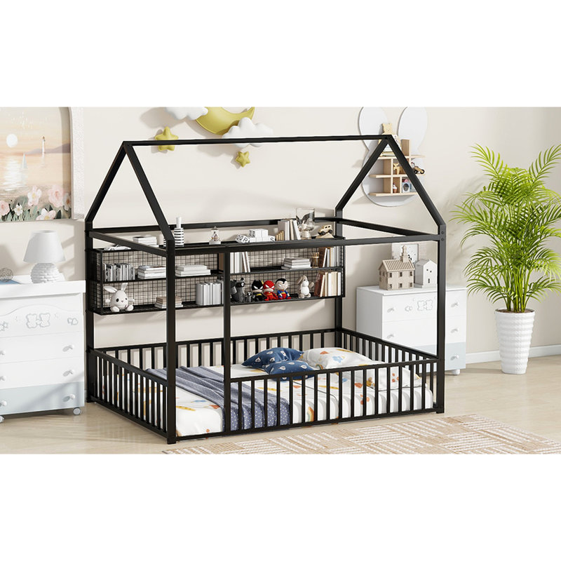 Structure de lit noire en métal de style maison avec tablettes. Pleine grandeur pour une chambre à coucher confortable. L 77,6 po x l 55,6 po x H 66,9 po et lit maison stable, noir