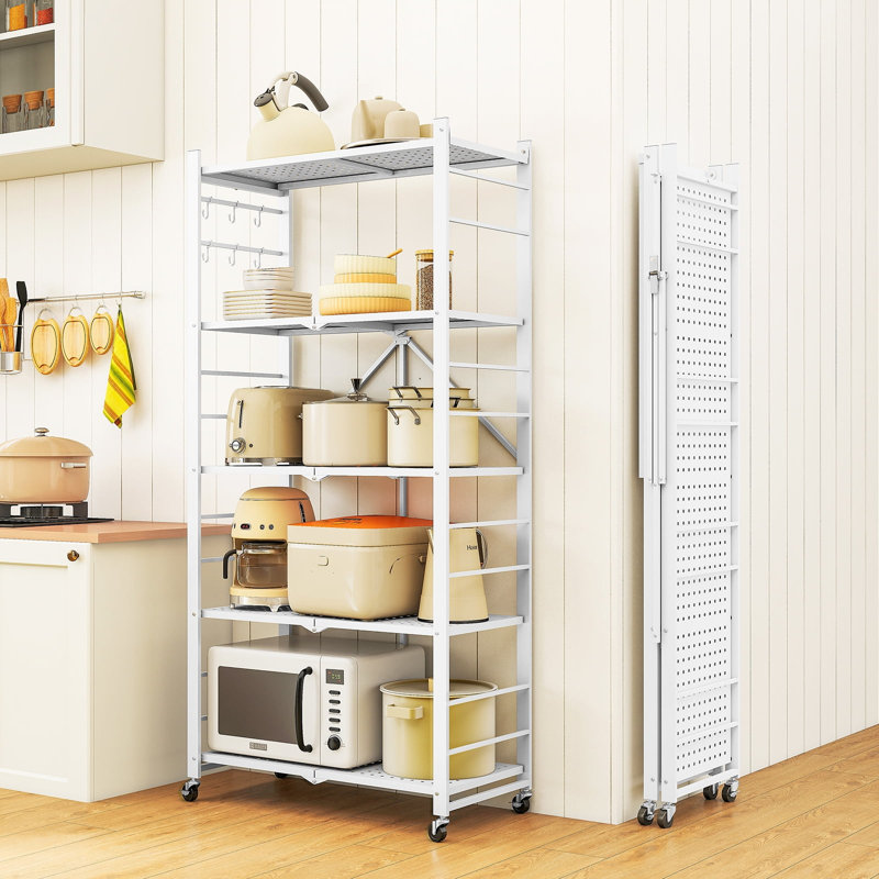 Tablettes de rangement Fenbeli, tablette de rangement pliable en métal à 5 niveaux avec roulettes, support de rangement robuste pour le garage, la cuisine, le placard, blanc