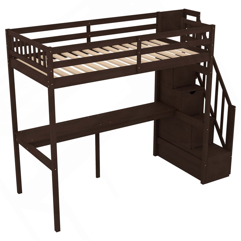 Loft Bed With Storage Staircase And Built-In Desk, Espresso