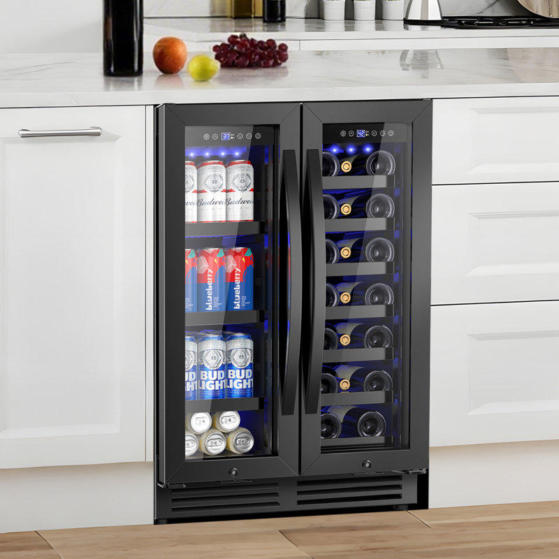 24" Wine and Beverage Refrigerator Dual Zone 20 Bottles & 60 Cans Built-In or Freestanding Wine Cooler, with Straight/Curved Handle Options