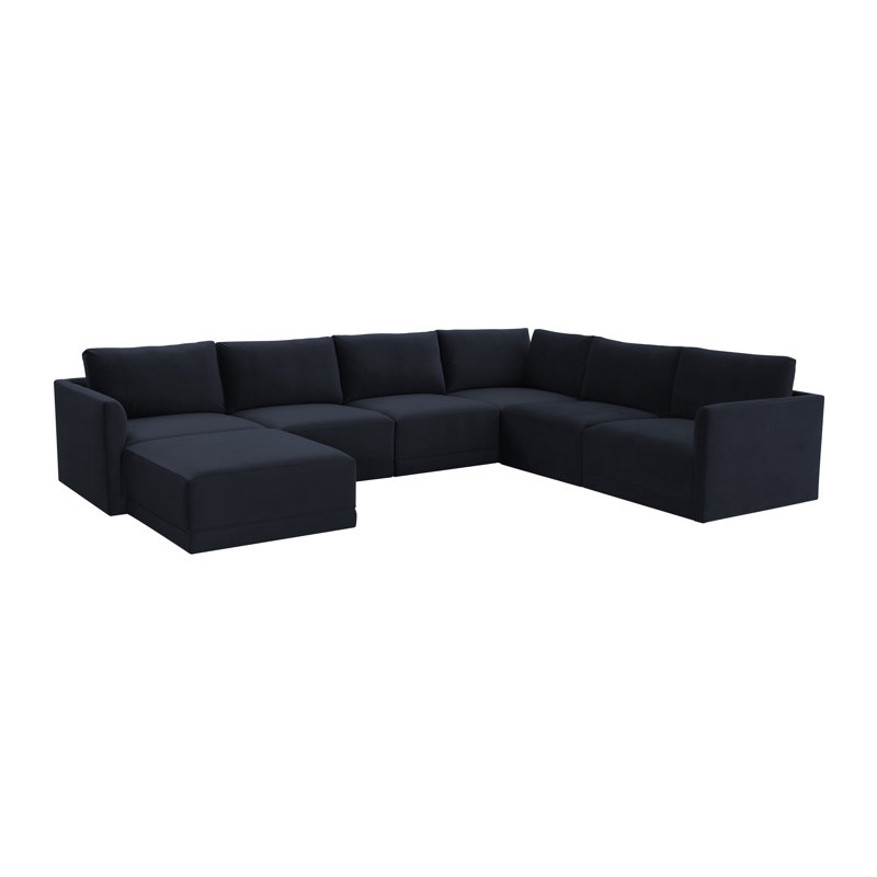 Grand canapé modulaire 7 pièces Deirdre Taupe, Velours bleu marine
