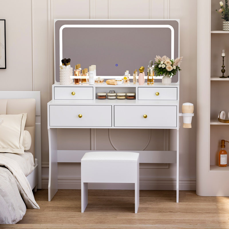 Meuble-lavabo 2 tiroirs avec miroir lumineux et tabouret de coiffeuse