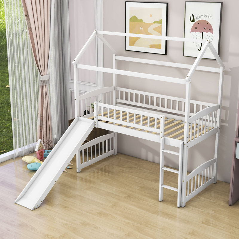 Lit mezzanine simple en bois avec glissade, Blanc