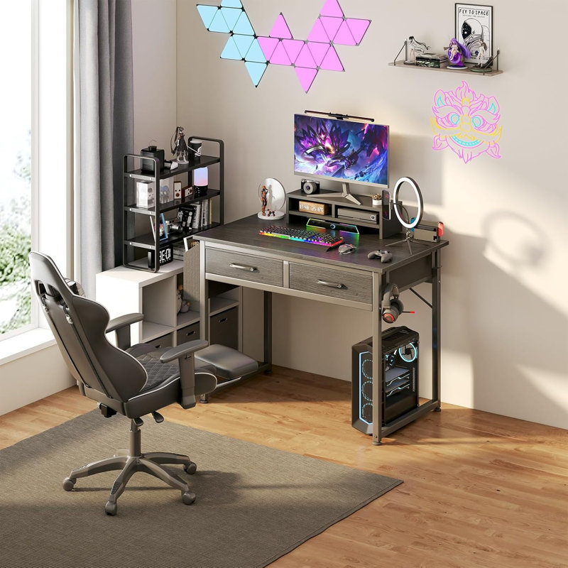 Small Desk With Fabric Drawers For Bedroom, 32 Inch Gaming Desk With 2 Drawers For Small Space, Study Writing Table PC Desks, Black