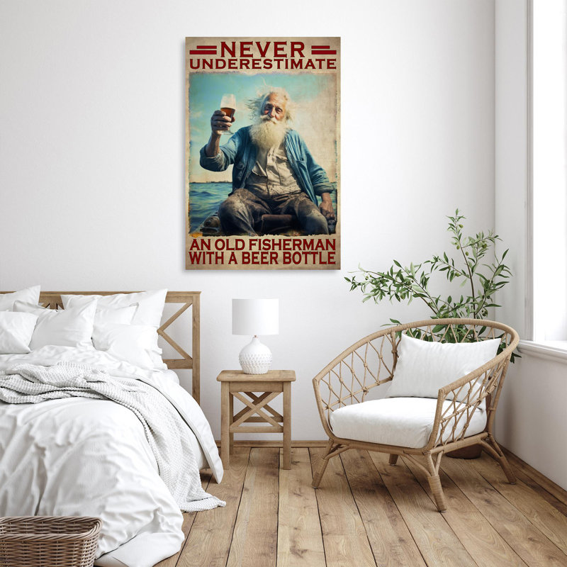 An Old Fishman With A Beer Bottle 1 - 1 pièce, reproduction d'art graphique sur toile tendue, H 20 po x l 16 po x P 1,25 po