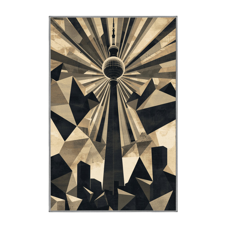 Machine Washable Paublo Berlin Tv Tower Modern Geometric Rug in Gray – Gray Binding, 4x6