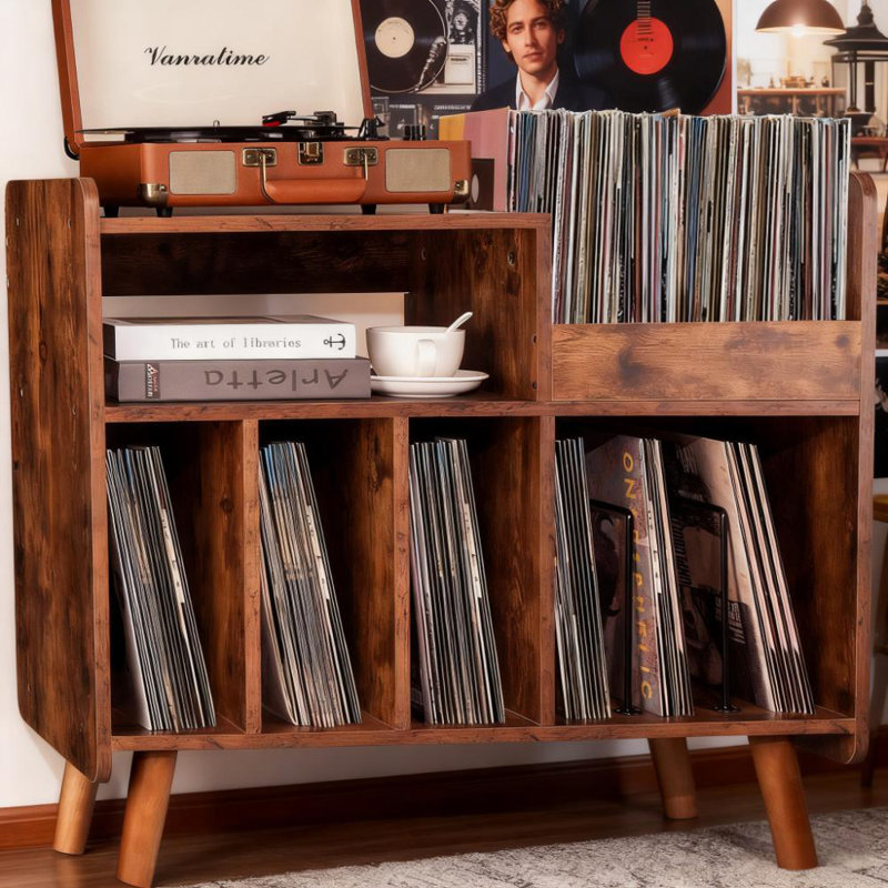 Grande armoire pour tourne-disque avec rangement ouvert en vinyle, console média, Brun rustique