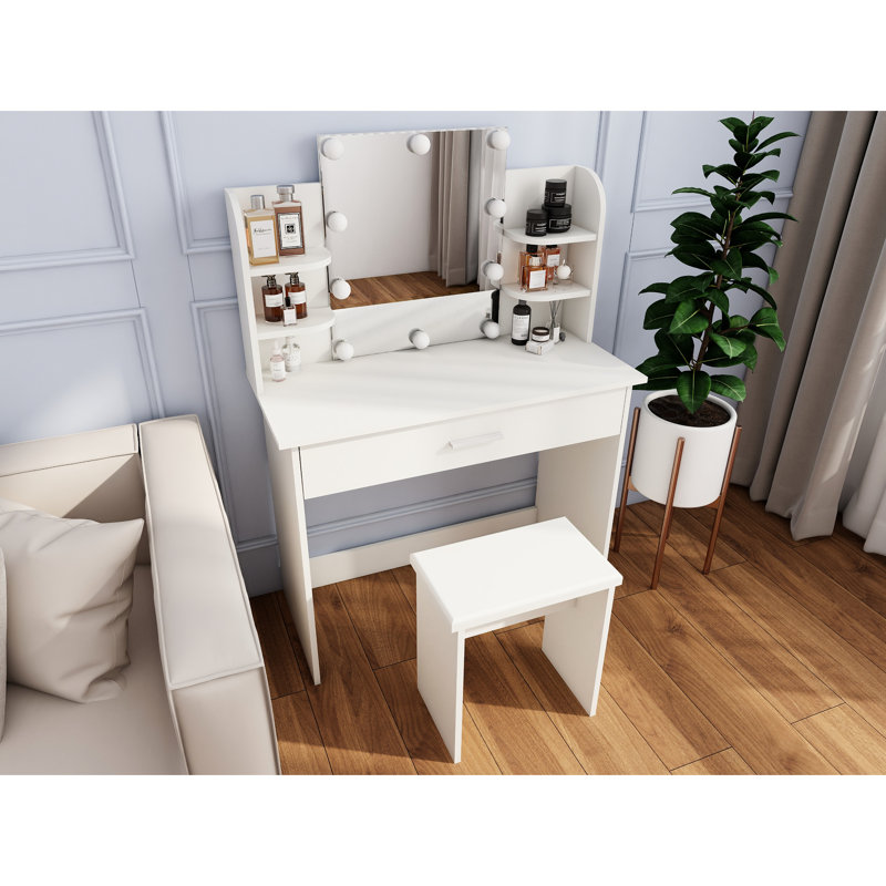 Vanity Table With One Drawer, Adjustable Mirror, Ample Open Shelves, Comfortable Stool, Modern Design, Ancient White, Particle Board + , 48.12 In Height Drawer Mirror Table, Storage, Matching Elegant