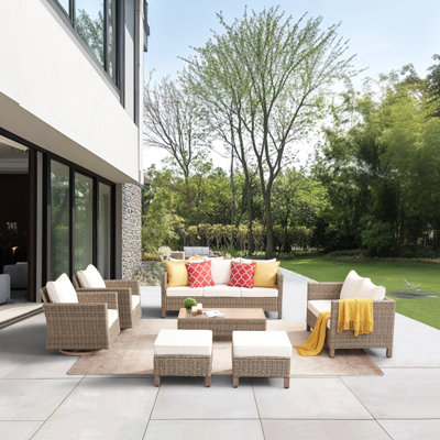 7 - Piece Outdoor Wicker Patio Conversation Furniture Set With Swivel Chairs