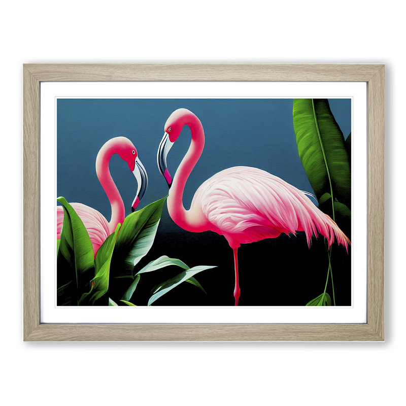 Attractive Flamingos - Framed Print, 34cm H x 46cm W x 2cm D, Oak