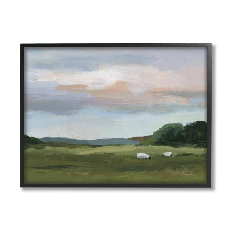 Az-296 - Peinture encadrée de moutons dans un champ champêtre, H 24 po x l 30 po x P 1,5 po, Giclée encadrée noir minuit