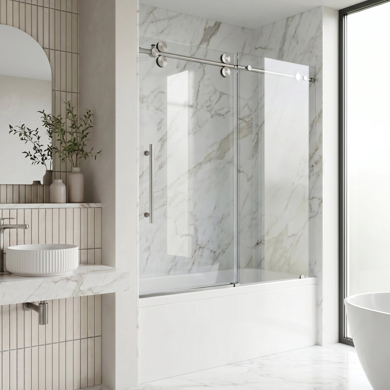Elan 56-60" W x 66" H Sliding Frameless Tub Door with 3/8" Laminated Glass, Stainless Steel