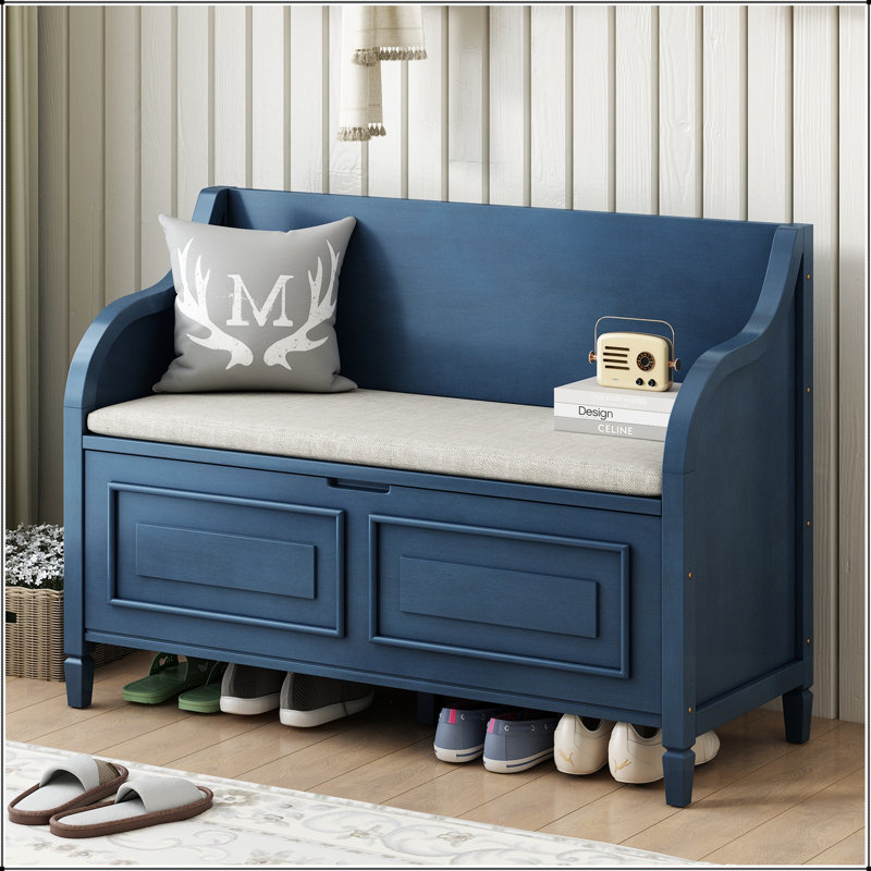 Banc de rangement multifonctionnel en bois massif avec charnière de sécurité, Bleu marine antique