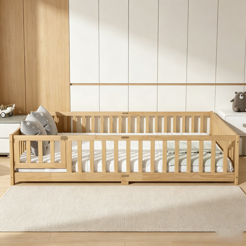 Lit de plancher avec clôture et porte, lit de plancher en bois d'hévéa avec garde-corps de sécurité, Double, Naturel