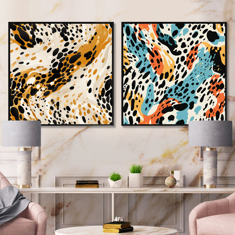 Wild Cheetah Print - multicolore, ensemble de 2 collages abstraits carrés, Cadre flottant noir, H 16 po x l 33 po