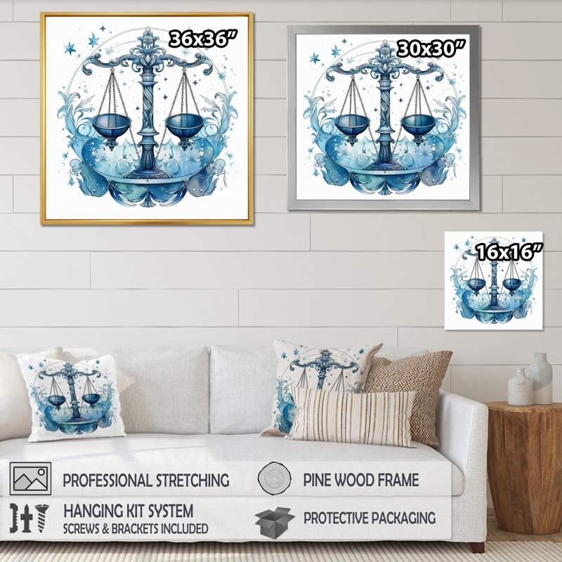 Balance signe zodiaque III sur toile, H 16 po x l 16 po x P 1 po, Cadre flottant noir