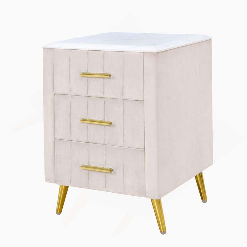 Table de chevet rembourrée en bois avec 3 tiroirs et pieds et poignées en métal, table de chevet