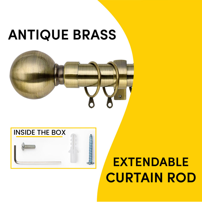 Waloo Premium-Quality Adjustable Plain Metal Curtain Rod for Heavy Room Darkening Panels (with Finials), Antique Brass