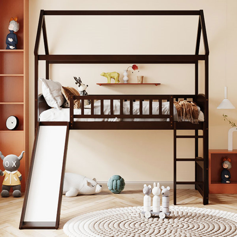 Lit mezzanine simple avec glissade et maisonnette, maximisant l'espace et la sécurité des personnes, Espresso