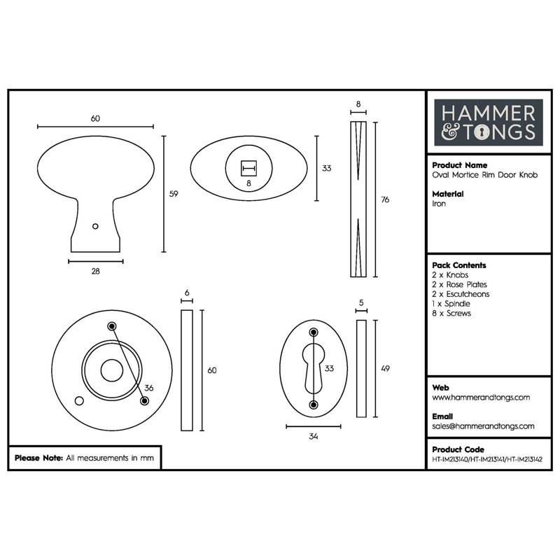 Hammer & Tongs - Oval Rim & Mortice Door Knob - W60mm - Brass