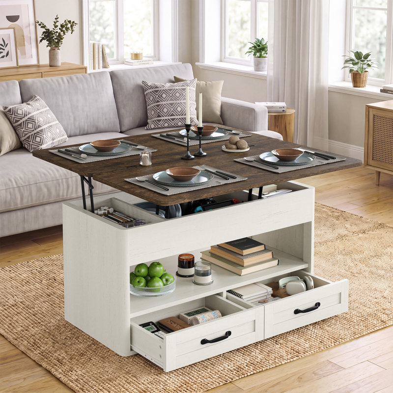 Table basse à plateau relevable moderne avec rangement, table basse rectangulaire convertible 4 en 1 avec 2 tiroirs et tablette ouverte pour le salon