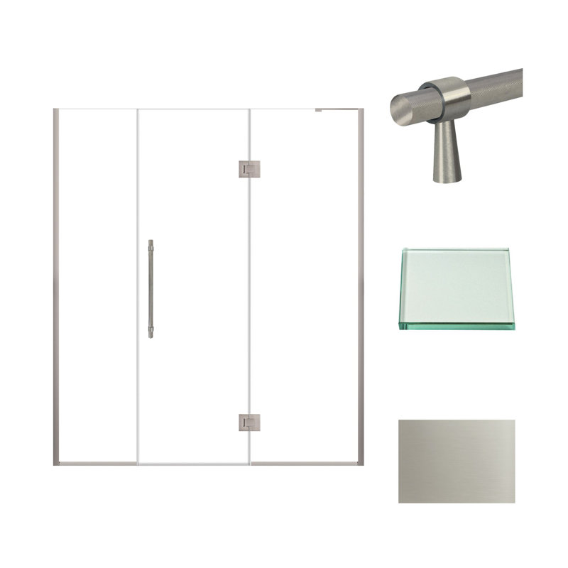 Porte de douche à charnière en chrome poli avec verre transparent l 66,5 po x H 76 po Transolide Elizabeth, Acier Inoxydable