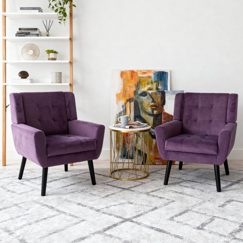 Tufted Upholstered Wide Back Armchair（Set of 2）, Purple Velvet