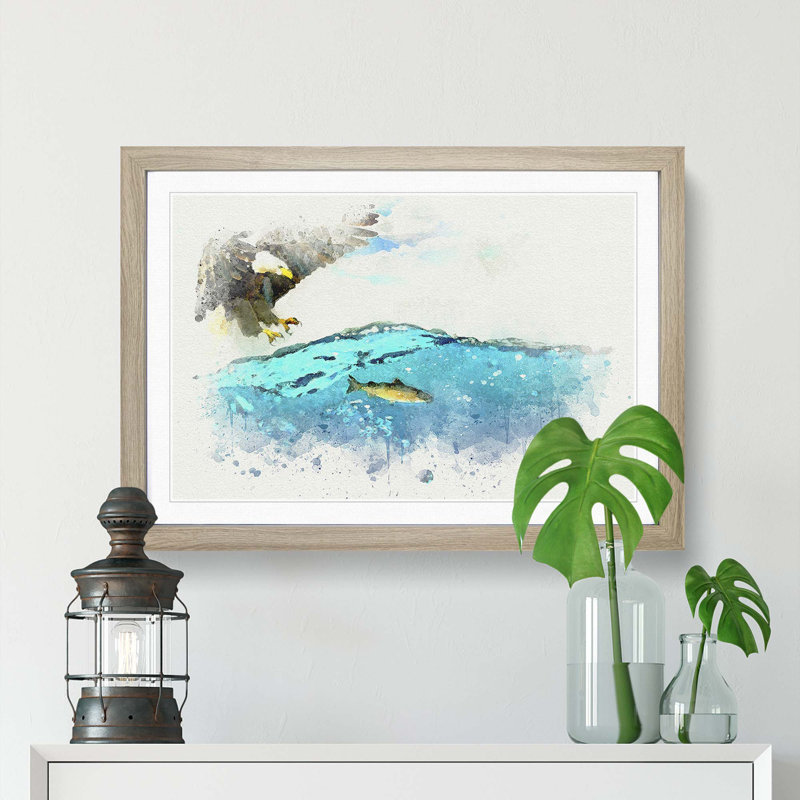 Eagle Hunting for Fish - Picture Frame Graphic Art Print, 36cm H x 48cm W x 2cm D, Oak Framed