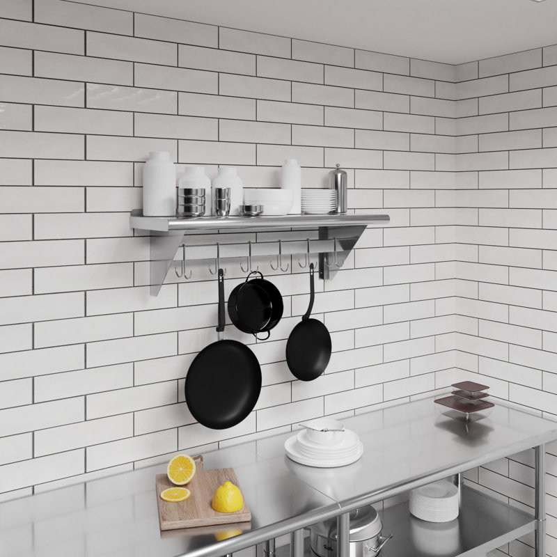 Support à casseroles mural en acier inoxydable avec tablette. Certifié NSF, H 11 po x l 36 po x P 12 po