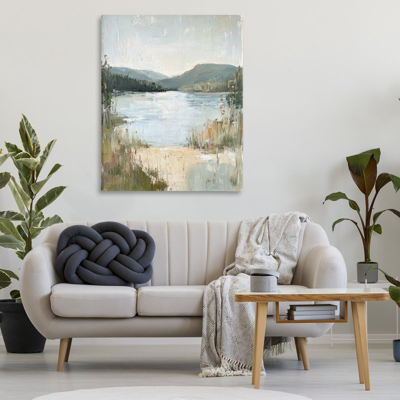 Toile abstraite Lake Shore & Mountains, design par Petal Prints Design, H 48 po x l 36 po