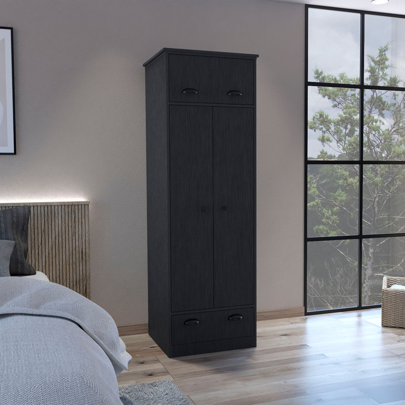 Armoire avec 1 tiroir et 1 tiroir à charnières avec poignées, Noir