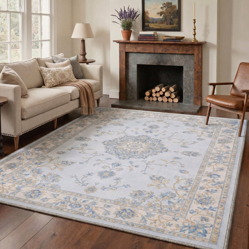 Abadou Floret Vintage Floral Medallion Machine Washable Beige / Blue Indoor Area Rug with Non-Slip Backing, Light Blue/Ivory