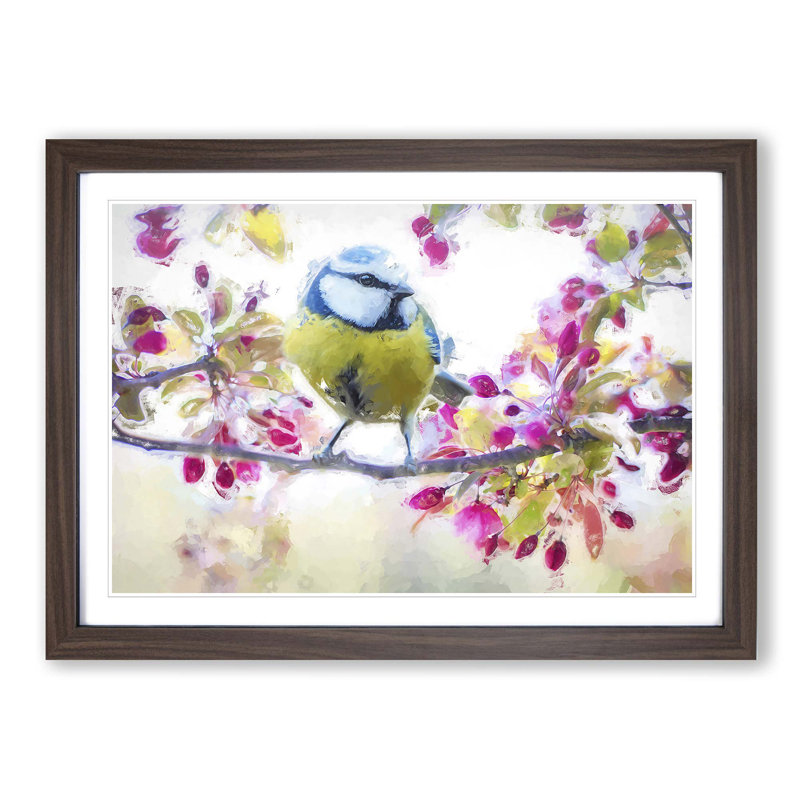Blue Tit Bird in Spring in Abstract - Picture Frame Painting Print, Walnut Framed, 27cm H x 36cm W x 2cm D