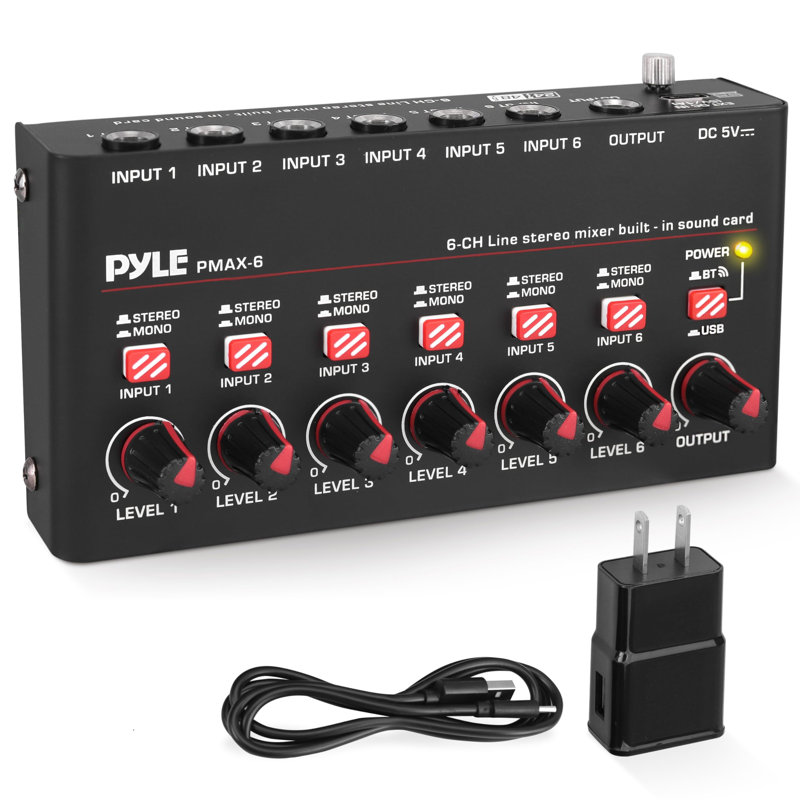 Mini table de mixage sans fil à 6 voies Pyle Pyle de Pyle avec port USB - 6 entrées mono / stéréo | Conception à très faible bruit avec une hauteur libre élevée | Carte son USB intégrée - PMAX6
