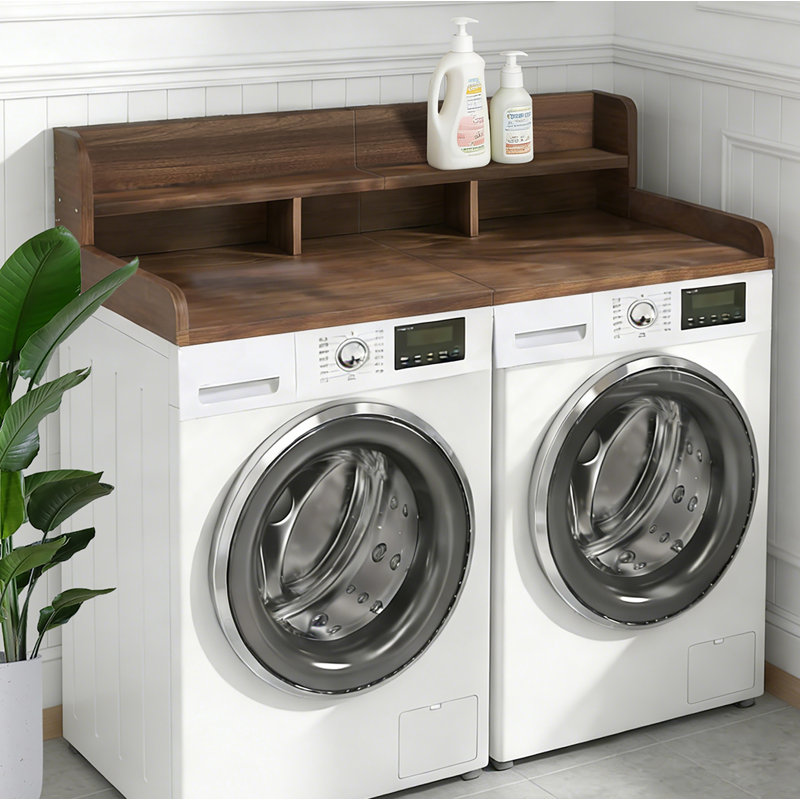 Washer Dryer Countertop With Non-Slip Pads, Laundry Wood Shelf Topper With Edge, Double Layer Organizer For Washer And Dryer Laundry Hamper Counter Storage Organization
