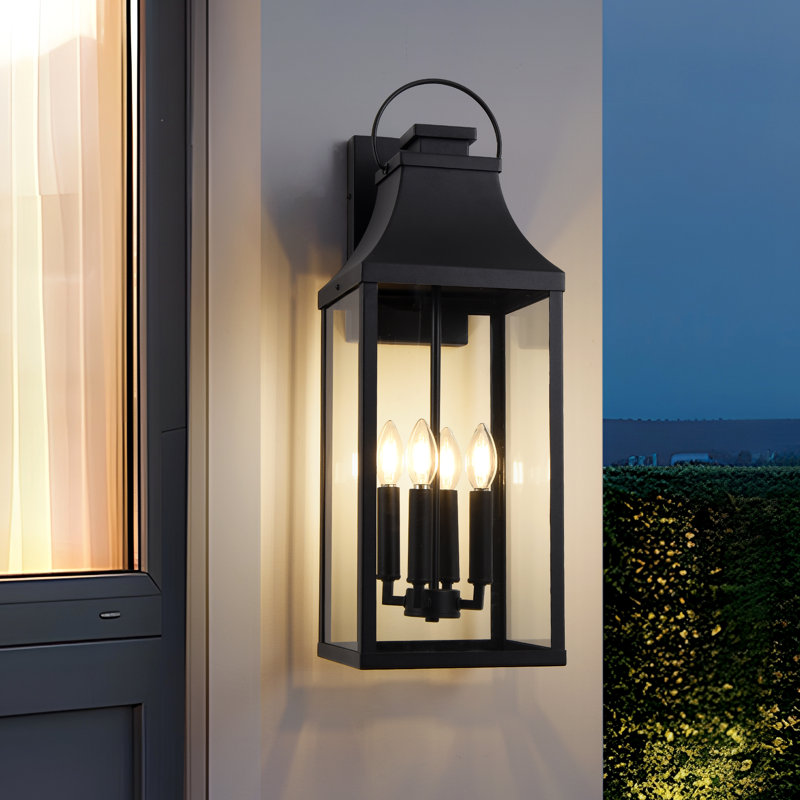 4 lumières 26 po Luminaire mural d'extérieur noir, lanterne murale imperméable, applique murale de porte de ferme câblée