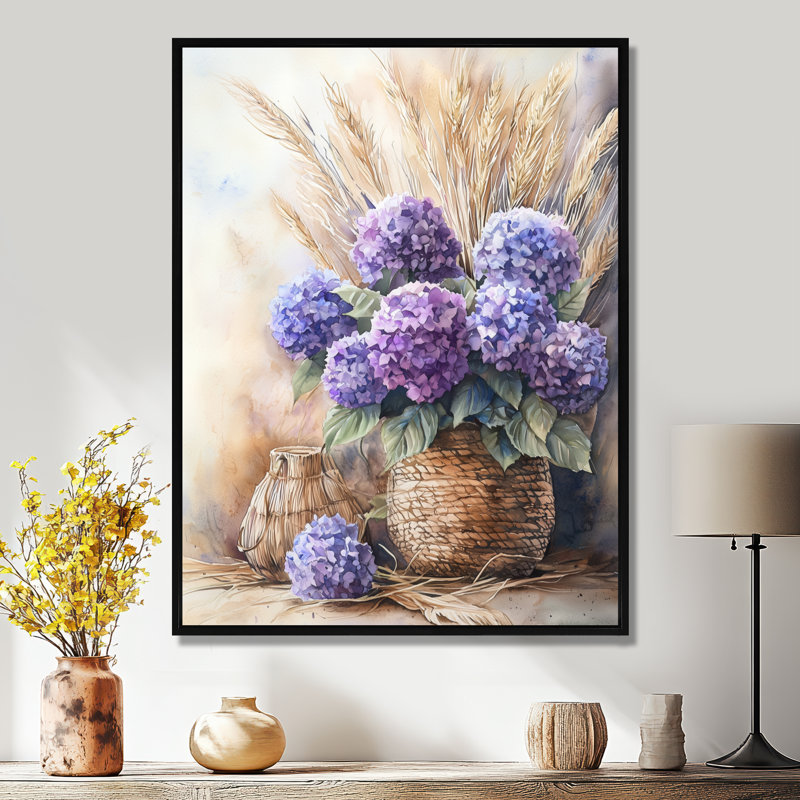 «Hortensias and Pampas Grass Bouquet I - Hydrangea», art mural encadré, Noir, Reproduction avec cadre flottant
